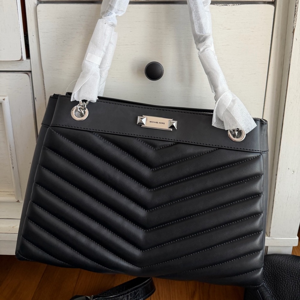 Michael Kors Black Quilted Chevron Shoulder Tote with Silver Hardware NWT